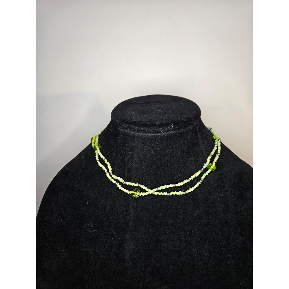 Green Beaded Necklace Double Strand Silver Tone Lobster Clasp